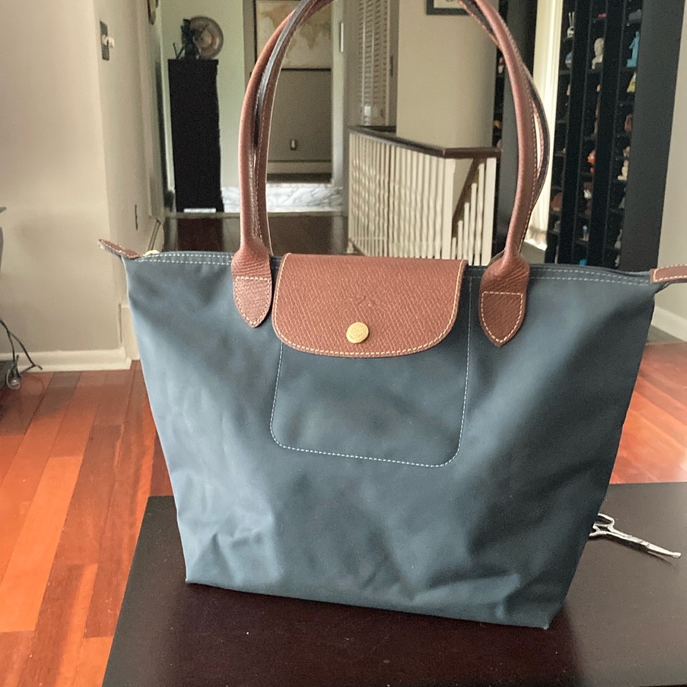 Longchamp grayish in color Tote Bag with Signature Design brown leather